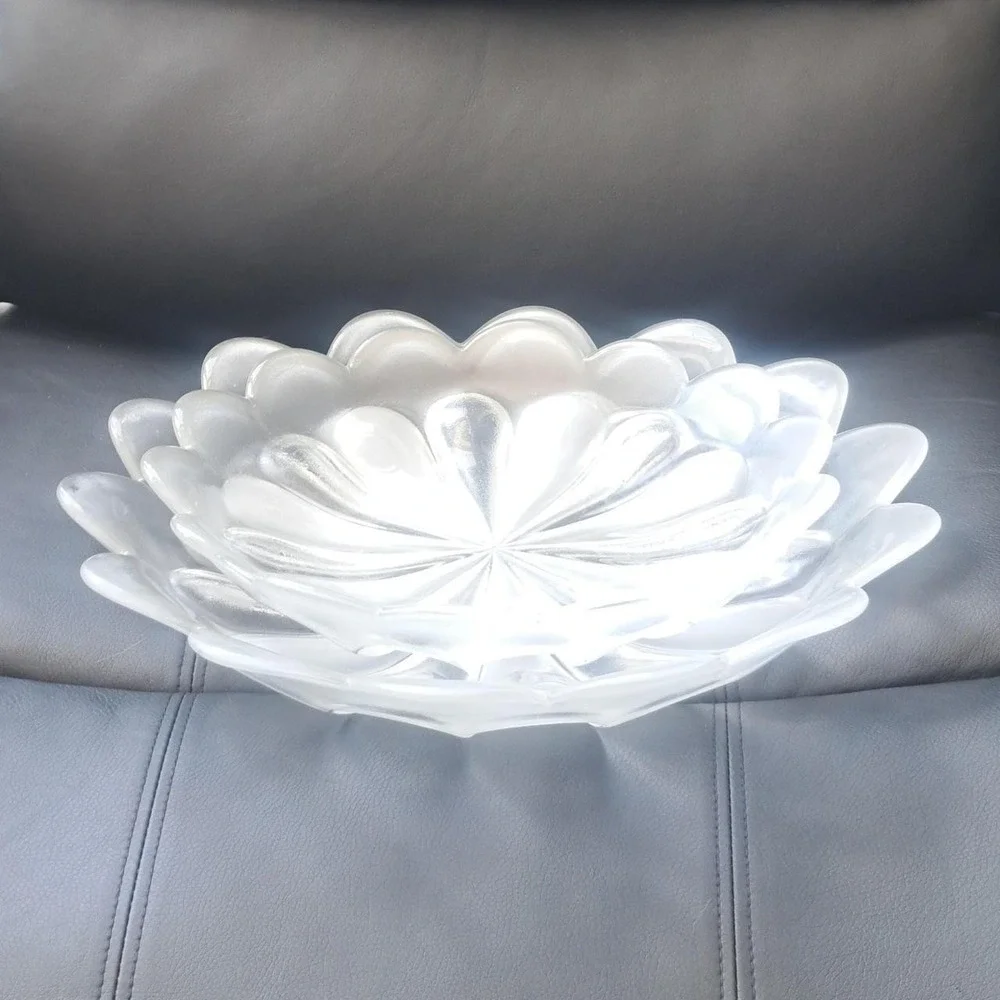 Vintage Frosted Glass Petal Lotus Flower Bowls Set of 2 Scalloped Edge Decor